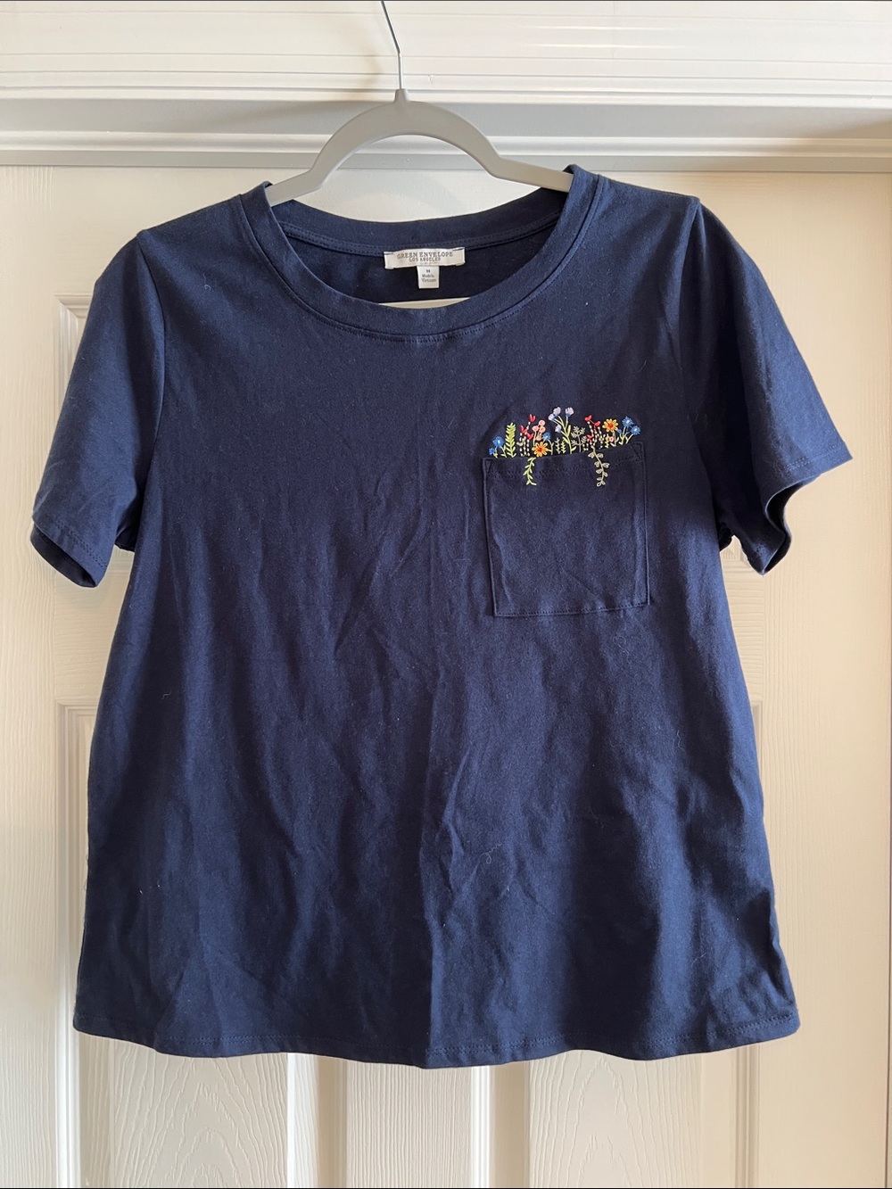 Green Envelope Navy Short Sleeve Tee with Floral Embroidered Pocket Detail